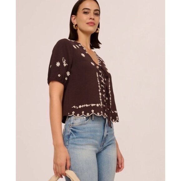 Adrianna Papell Tops - NWT Brown Embroidered Blouse Tie Front Puff Sleeves Boho Style NWT Size L